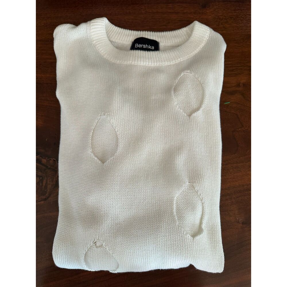 Bershka Distressed Cut Out Hole Open Knit Crewneck Sweater